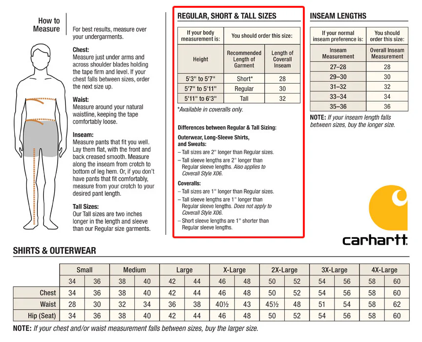 Carhartt General Sizing (Regulars & Talls) - Inquire for Sizing on Specific SKU's